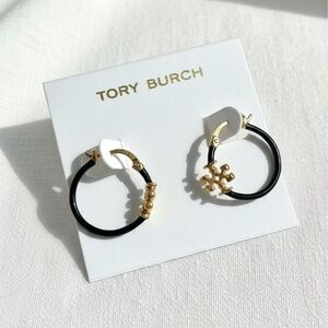 Tory Burch Black Enamel & Gold Logo Hoop Earrings